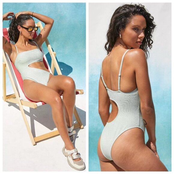 UO Out From Under Sage Green Glimmer Cut Out Swimsuit - Picture 2 of 6